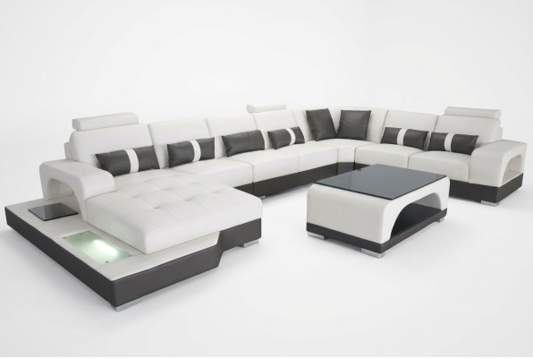 Leder Sofa mit USB Moderne Sitz Couch Polster Eck Couchen Wohnlandschaft + Tisch