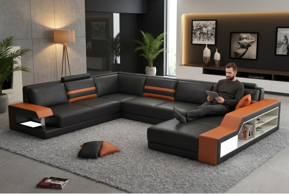 Designersofa Ecksofa mit USB,Ledersofa Polster Sitz Eck Garnitur LED Couch