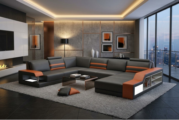 Designersofa Ecksofa mit USB,Ledersofa Polster Sitz Eck Garnitur LED Couch