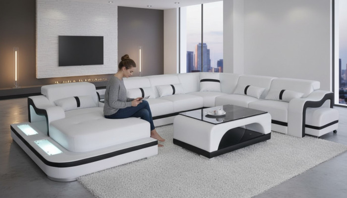 Ecksofa Eckgarnitur Eckcouch Sofa Couch Polster Wohnlandschaft Tisch USB LED Neu