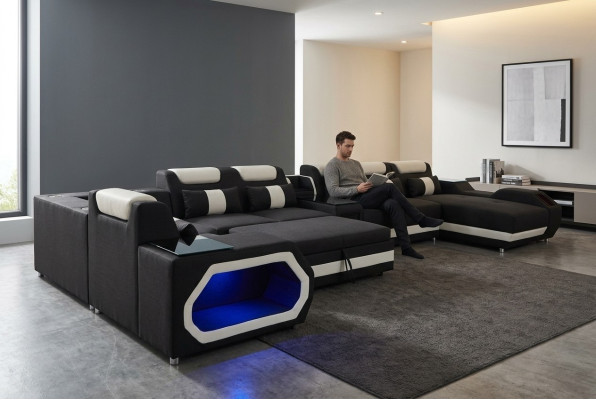 Design XXL Modern Leder Polster Ecke Couch Sofa Eck Wohnlandschaft Bett USB LED