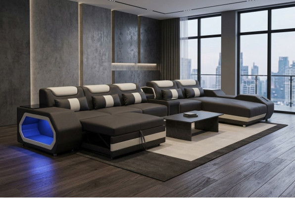 Design XXL Modern Leder Polster Ecke Couch Sofa Eck Wohnlandschaft Bett USB LED