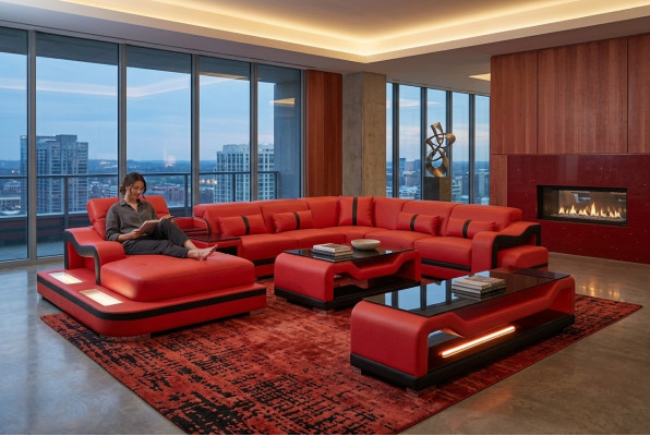 Leder Sofa Couch Ecksofa Eckgarnitur Wohnlandschaft + RTV + Couchtisch + USB