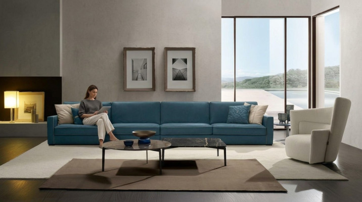 Sofa 4-Sitzer Polster Couch Leder Sofas Design Italienische Möbel Blau