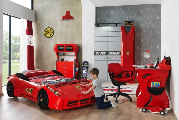 Auto Set Bett Kleiderschrank Kommode Schreibtisch Junge Möbel 4tlg.