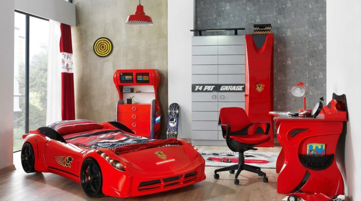 Auto Set Bett Kleiderschrank Kommode Schreibtisch Junge Möbel 4tlg.