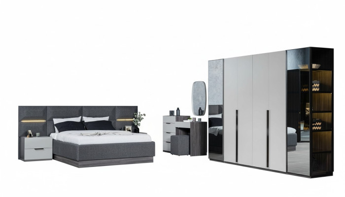 Schlafzimmer Bett Nachttische Kleiderschrank Kommode mit Spiegel Möbel Set 5tlg