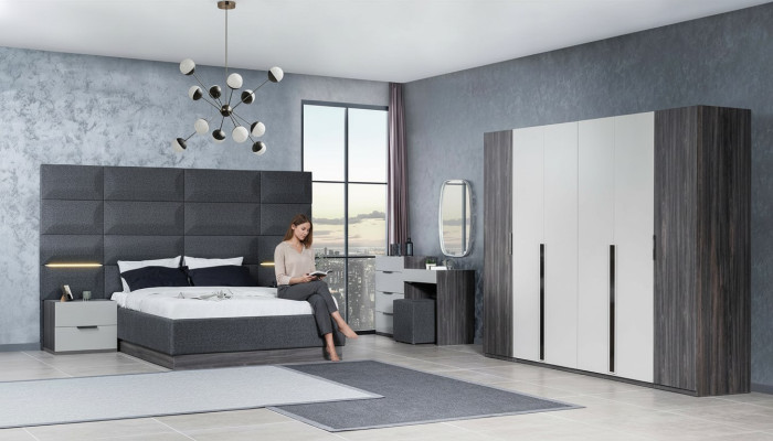 Schlafzimmer Bett Nachttisch Kleiderschrank Kommode mit Spiegel Möbel Set 5tlg