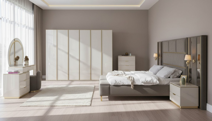 Luxus Komplett Schlafzimmer Set Beige Gold Kommode Bett Nachttisch 7tlg. Glanz