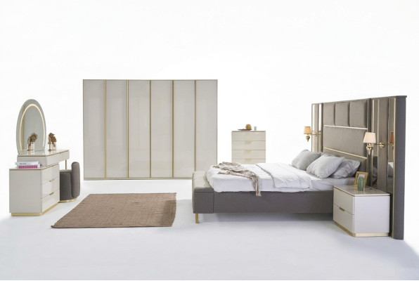 Luxus Komplett Schlafzimmer Set Beige Gold Kommode Bett Nachttisch 7tlg. Glanz