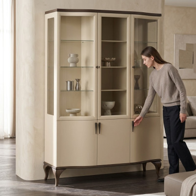 Vitrinen Glas Schrank Luxus Anrichte Vitrine Wohnzimmer Beige Holz Neu