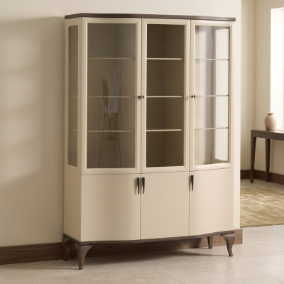 Vitrinen Glas Schrank Luxus Anrichte Vitrine Wohnzimmer Beige Holz Neu