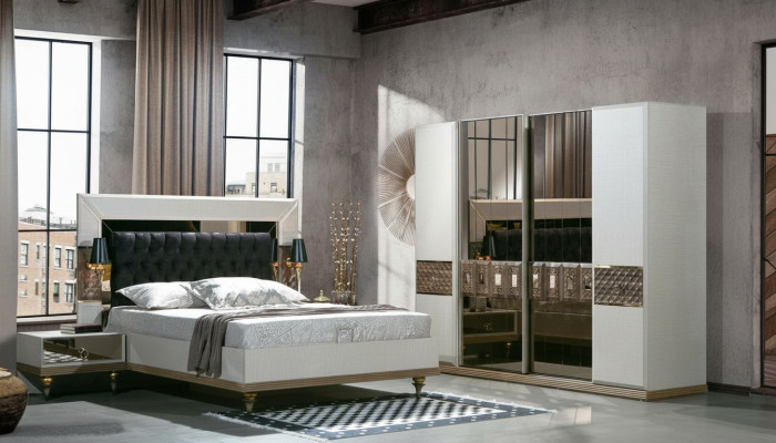 Schlafzimmer Set Bett 2x Nachttische Textil Kleiderschrank Modern 4tlg.