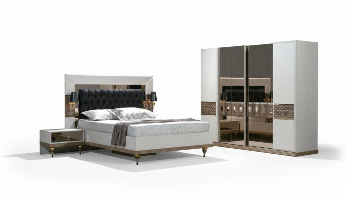Schlafzimmer Set Bett 2x Nachttische Textil Kleiderschrank Modern 4tlg.