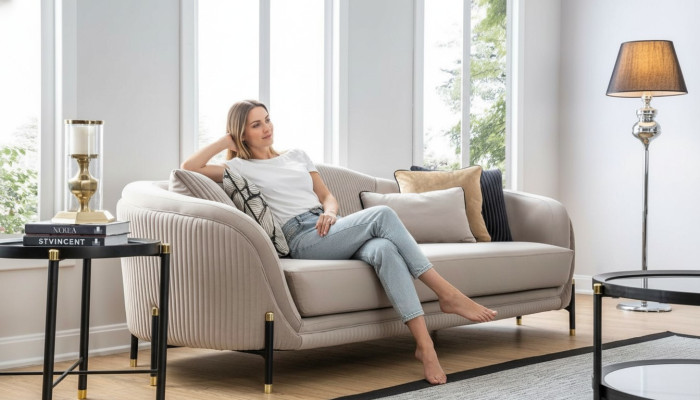 Sofa 3 Sitzer Polstersofa beige Textil Sitz Design Couch Sofas Stoff Modern Neu