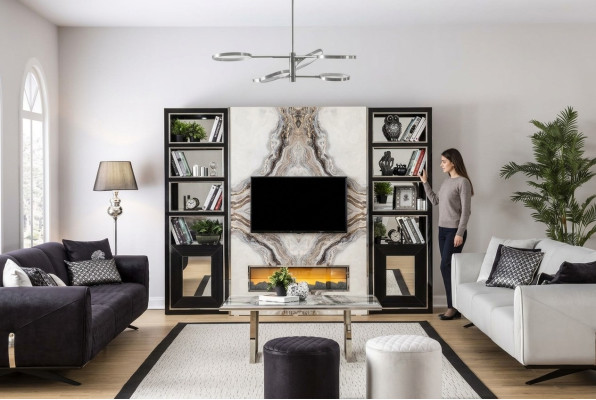 Luxus Wohnwand Wohnzimmer tv Schrank Wände Marmor Imitat Schwarz 270cm