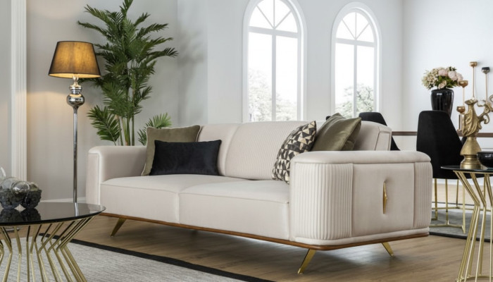 Modernes Sofa 3 Sitzer Polstersofa weiß Textill Sitz Design Couch Sofas Stoff