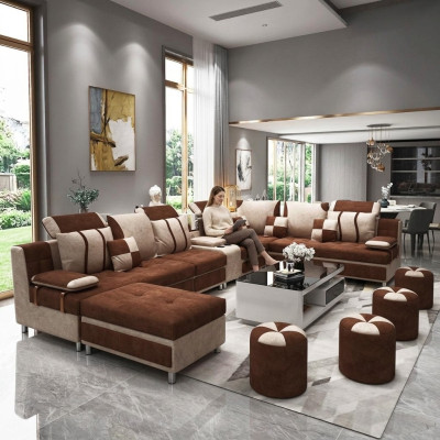Sofa U-Form Braun Polsterstoff Zum Relaxen im Wohnzimmer Weichen Kissen