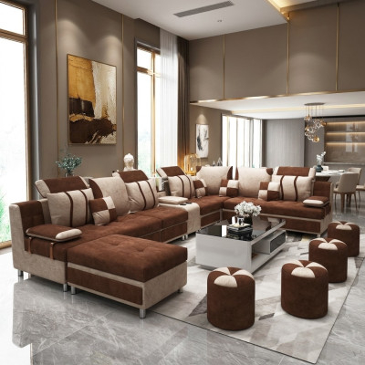 Sofa U-Form Braun Polsterstoff Zum Relaxen im Wohnzimmer Weichen Kissen