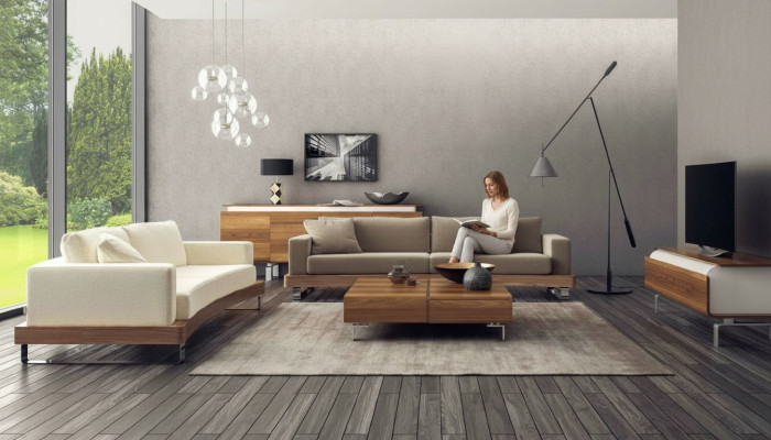 Modernes Dreisitzer Sofa Polstercouch Wohnzimmergarnitur-Set Holzgestell