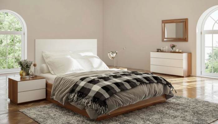 Weiß-Braunes Schlafzimmer Set Luxus Holzmöbel Bett Nachttische Kommode
