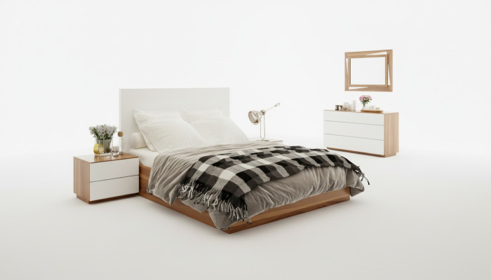 Weiß-Braunes Schlafzimmer Set Luxus Holzmöbel Bett Nachttische Kommode