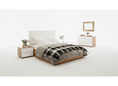 Weiß-Braunes Schlafzimmer Set Luxus Holzmöbel Bett Nachttische Kommode