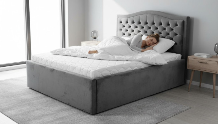 Graues Chesterfield-Bett Klassisches Schlafzimmermöbel-Design Eleganter Stoff