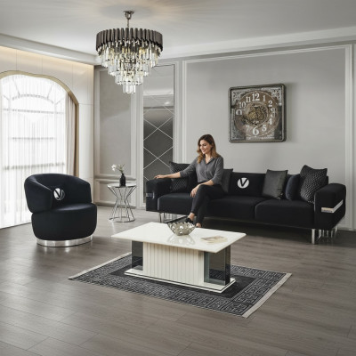 Modernes Wohnzimmer Set Schwarzes Sofa schwarzer Sessel Couchtisch neu