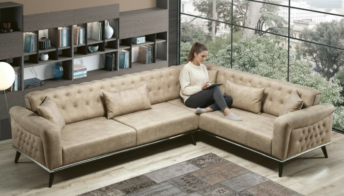 Sofa Couch Beige Wohnzimmer Set Design Modernes Sofa Ecksofa neu
