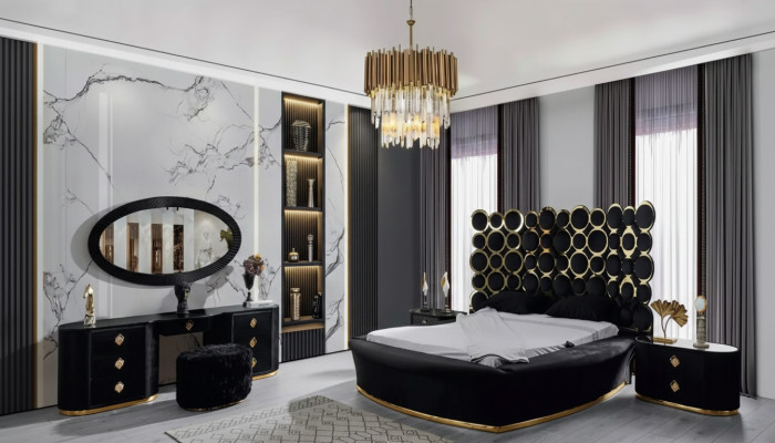 Komplettes Schlafzimmer Set Luxusbett 2x Nachttische Schminktisch Spiegel 5tlg