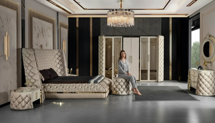 Schlafzimmer Set Chesterfield Möbel Design Bett Kleiderschrank Spiegel 7tlg.