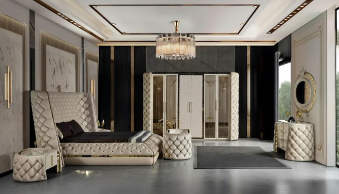Schlafzimmer Set Chesterfield Möbel Design Bett Kleiderschrank Spiegel 7tlg.