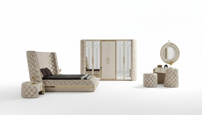 Schlafzimmer Set Chesterfield Möbel Design Bett Kleiderschrank Spiegel 7tlg.