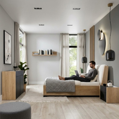 Schlafzimmer Set Beige Bett 2x Nachttische Kommode Kleiderschrank Modern 5tlg.