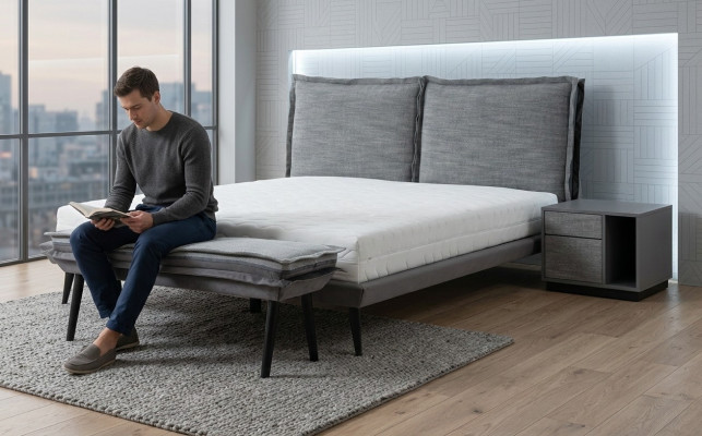 Schlafzimmer Set Grau Bett Elegantes 2x Nachttische Luxus Hocker Modern 4tlg.