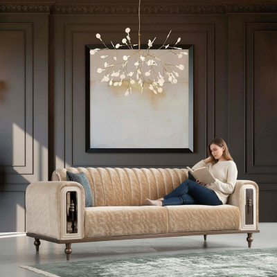 Luxus Bank Sofa Couch Beige Wohnzimmer Kanzlei Textil Sofas