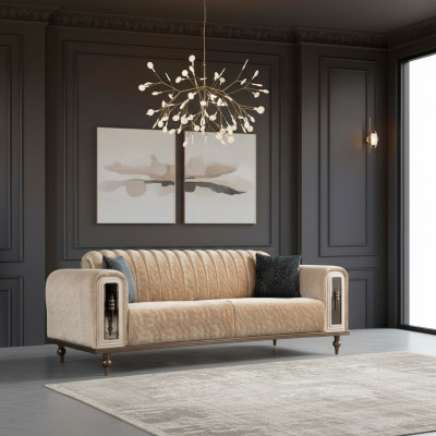 Luxus Bank Sofa Couch Beige Wohnzimmer Kanzlei Textil Sofas