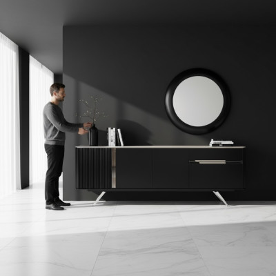 Wohnzimmer Anrichte Spiegel Sideboard Holz mit Metall Stil schwarze