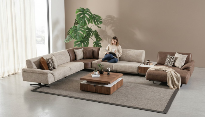 Wohnlandschaft Ecksofa Garnitur Design Moderner Couchtisch Braune 2tlg