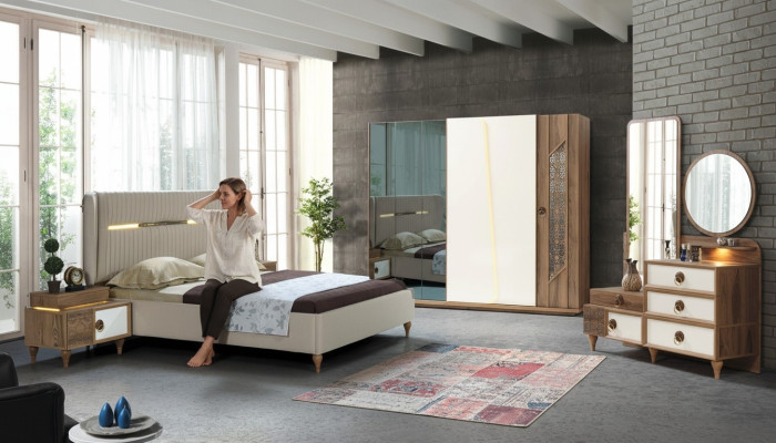 Schlafzimmer Set Bett 2x Nachttische 5tlg Design Textil Holz Kleiderschrank