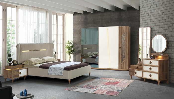 Schlafzimmer Set Bett 2x Nachttische 5tlg Design Textil Holz Kleiderschrank