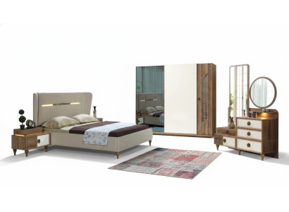 Schlafzimmer Set Bett 2x Nachttische 5tlg Design Textil Holz Kleiderschrank