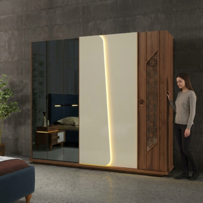 Schlafzimmer Kleiderschrank Schrank Holz Design braun Luxus LED Schränke