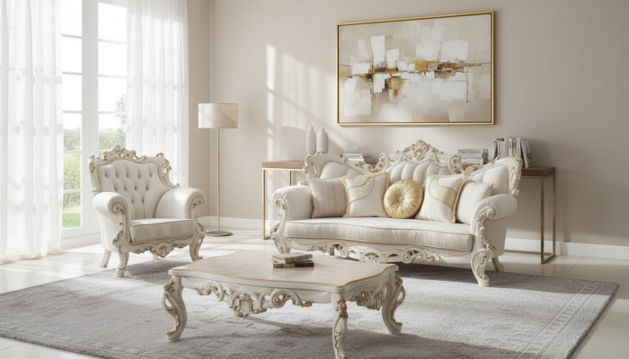 Chesterfield Sofa Polster Garnitur 3+1 Sitz Weiß Textil Dreisitzer Couchtisch