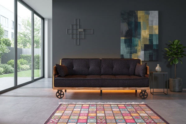 Schwarze Stoff Couch auf Rädern Loft Design mit Holz Korpus Sofa Möbel 
