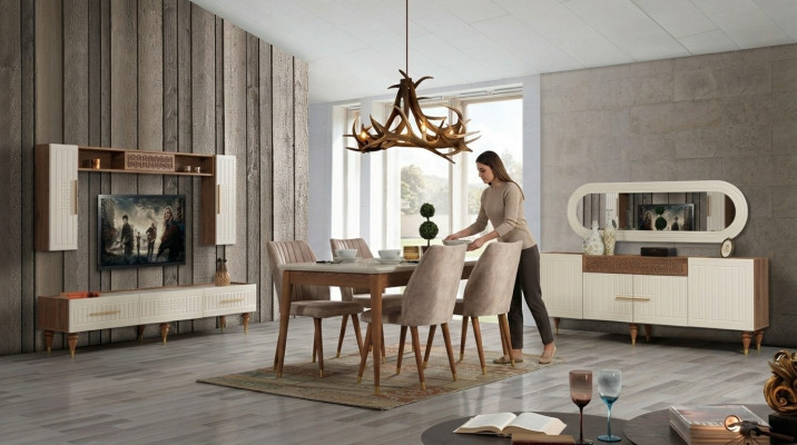 Komplettes Wohnzimmer Set + Esszimmer Garnitur Tisch Regal Kommode 6tlg.