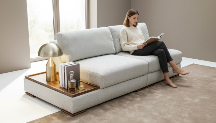 Schlankes, modernes 2-Sitzer weiches Sofa mit integriertem Holztisch und breitem Sitz