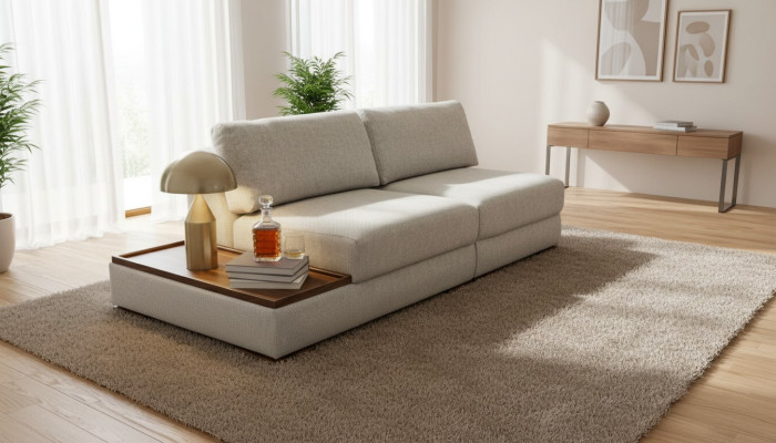 Schlankes, modernes 2-Sitzer weiches Sofa mit integriertem Holztisch und breitem Sitz