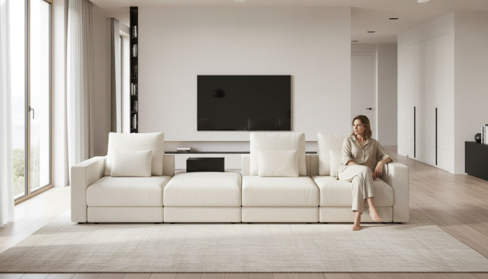 Sofa Weißer Sechssitzer Wohnzimmermöbel Luxus Couchen Stoff Möbel